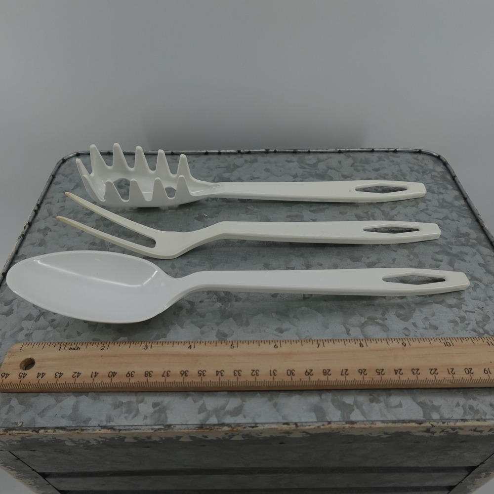 VTG White Melamine Kitchen Utensil Set Pasta Server Fork Spoon‎ 3 Piece 11 Inch